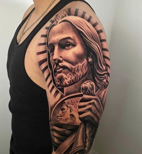 San Judas Tattoo, St Jude Prayer, St Judas, Chicano Lettering, Neck Tattoo For Guys, Simple Tattoo, Tattoo Arm, Arm Tattoos, St Jude