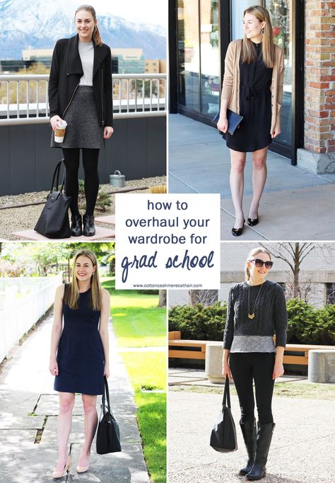 How to overhaul your wardrobe for grad school — Cotton Cashmere Cat Hair Cute Grad School Outfits, Grad School Wardrobe, Grad School Fashion, College Interview Outfit Student, Phd Student Aesthetic Outfit, Grad School Aesthetic Outfit, Grad Student Aesthetic Outfit, Graduate School Interview Outfit, Grad School Outfit Student Style