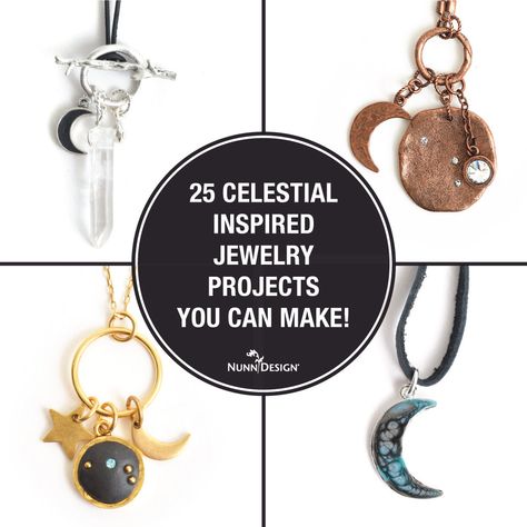 25 Celestial Jewelry Projects You Can Make!  Stars and crescent moon jewelry motifs have been popular since the Georgian, Victorian and Edwardian Eras. It makes sense that “to the moon and back” symbolism can stand the test of time and come back into popularity again and again.  Trending for Nunn Design are several celestial themed jewelry findings. Design with moon and star charms and flat tags, lapel pins, mini link bezels and astrology collage and transfer sheets to create your own celestial Astrology Collage, Jewelry Motifs, Crescent Moon Jewelry, Diy Pendants, Book Crafts Diy, Transfer Sheets, Wire Jewelry Tutorial, Witchy Crafts, Jewellery Necklaces