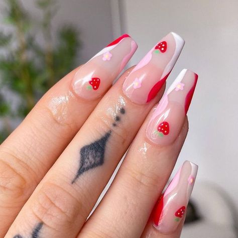 Michelle Lee on Instagram: "Strawberry Love 🍓 by @kandynailsadl #nailart #naildesign #nailtrend #viralnailtrend #trendingnailart #nailsofinstagram #nailenhancements #nails #acrylicnails #gelnails #nailstoinspire #nailartclub #nailjunkie #nailtrend #nailporn #cutenails #glitternails #nailgoals #nailed #nailswags #clawaddict #nailinspo #nailinspiration #christmasnails #getnailed #stilettonails #almondnails #partynails #themednails #trending Follow 👉🏻 @nailarttolove for nail art inspiration See Strawberry Nails Stiletto, Strawberry Nails Coffin, Strawberry Nails Acrylic Almond, Chocolate Strawberry Nails, Strawberry Almond Nails, Red Strawberry Nails, Cute Strawberry Nails, Strawberry Nails Acrylic, Strawberry Nails Designs