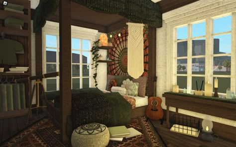 Fall Bloxburg Houses Realistic, Bloxburg Witch House Interior, Bloxburg House Color Schemes Fall, Bloc Burg Room Ideas, Victorian Bedroom Bloxburg, Bloxburg Fall House Interior, Halloween Houses Bloxburg, Fall Bedroom Bloxburg, Bloxburg Fall Room Ideas