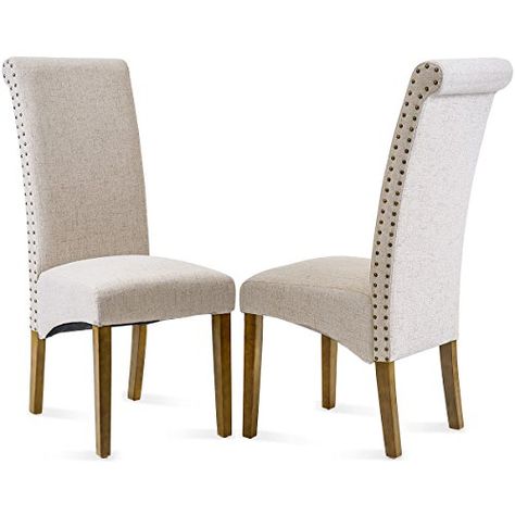 Merax Dining Chair Set of 2 Fabric Padded Side Chair with Solid Wood Legs, Nailed trim(Beige) Fabric Kitchen Chairs, Parsons Dining Chairs, Farmhouse Chairs, High Back Dining Chairs, Farmhouse Dining Chairs, Rustic Dining Room, Painted Chairs, Fabric Dining Chairs, Modern Dining Chairs