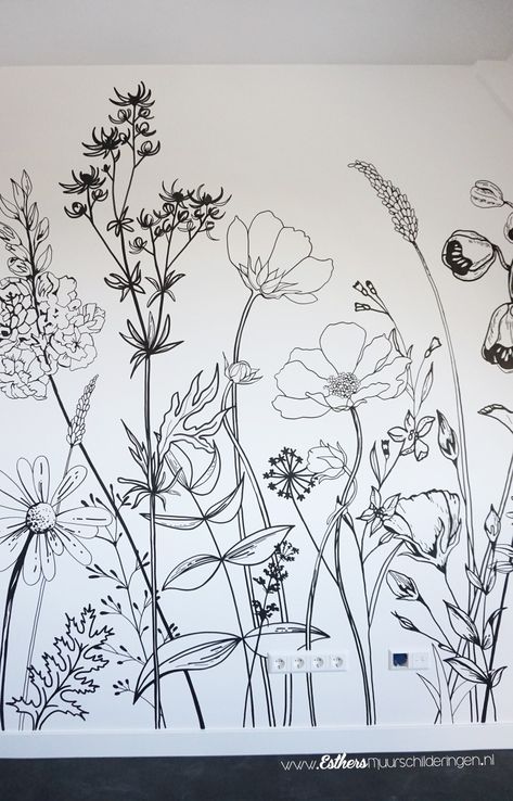 Flower Wall Murals Painted, Wildflower Mural, Outdoor Mural, Wall Murals Diy, Garden Mural, Flower Mural, Botanical Drawing, Wall Drawing, Flower Sketches