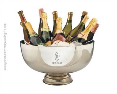 This elegant polished stainless steel bowl perfect for chilling 10-12 wine bottles will make a grand statement at your next company event or wedding. Your company logo or custom artwork will be permanently engraved for all to see. Champagne Ice Bucket, Champagne Cooler, Champagne Bucket, Wine Bucket, Kids Pottery, Vintage Silverplate, Champagne Buckets, Oval Tray, Stainless Steel Bowl