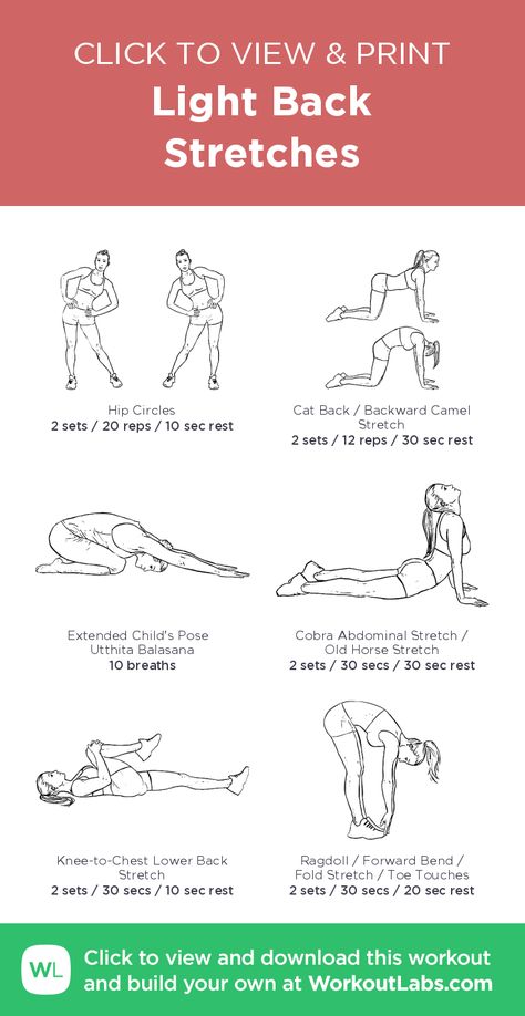 Light Back Stretches – click to view and print this illustrated exercise plan created with #WorkoutLabsFit Pre Workout Stretches, Abdominal Stretches, Workout Stretches, Post Workout Stretches, Strengthen Your Back, Workout Labs, Chest Exercises, Exercise Plan, Free Workout