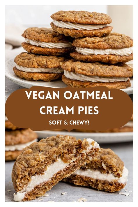 Vegan Oatmeal Cookies, Cookie Sandwich, Oatmeal Cream Pies, Vegan Baking Recipes, Vegan Oatmeal, Vegan Cookies Recipes, Cream Pies, Oatmeal Cream, Vegan Bakery