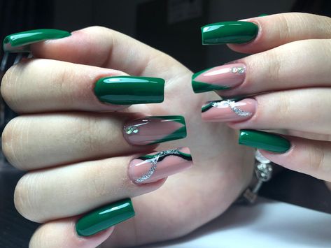 Nail Designs With Emerald Green, Dark Green Nails Slytherin, Dark Green Nails Ballerina, Black And Dark Green Nails Acrylic, Forest Green Nails Acrylic Design, Dark Green Acrylic Nails Designs Short, Prom Nails Emerald Green And Silver, Hunter Green Nails Prom, Prom Nails Acrylic Emerald Green