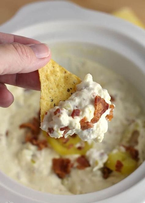 Banana Pepper Dip, Strawberry Cheesecake Salad, Pepper Bacon, Baguette Slices, Toasted Baguette, Lemon And Coconut Cake, Pepper Dip, Crock Pot Dips, Bacon Dip