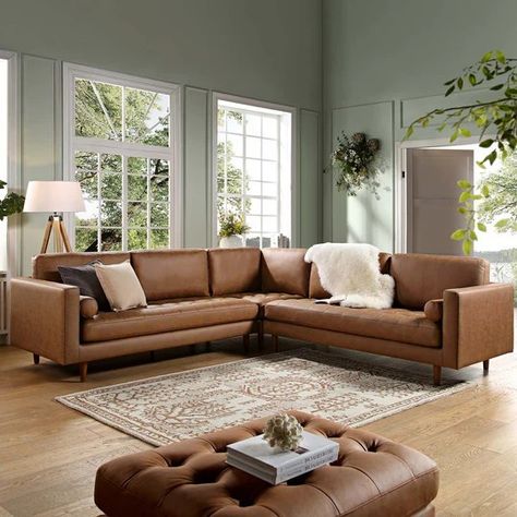 Tan leather sofa living room