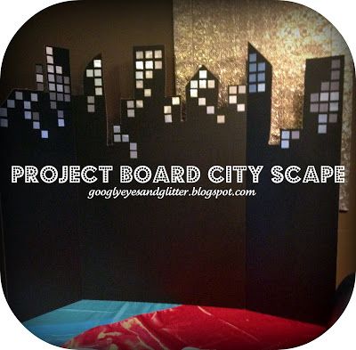 Googly Eyes & Glitter: Super Cheap Super Hero Party Decor: Cardboard City Scapes Cardboard City, Super Hero Party, Pj Mask Party, Super Hero Theme, City Scapes, Avengers Party, Batman Party, Batman Birthday, Spiderman Party