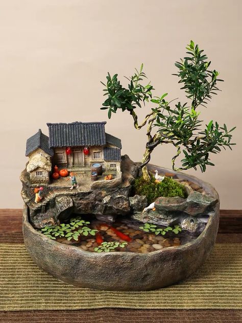 Mini Fountain Ideas, Garden Design Indoor, Mini Japanese Garden, Miniature Garden Ideas, House Plants Aesthetic, Jardin Zen Miniature, Plant Bedroom Aesthetic, Styling Plants, Indoor Garden Design