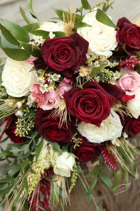 Barcarra Roses, White roses, Pink spray roses, wheat, and accents of greens and waxflower create a beautiful deep rustic wedding bouquet Wheat Wedding, Pink Spray Roses, Rustic Wedding Bouquet, Roses White, Roses Pink, Spray Roses, Wedding Bouquet, White Roses, Rustic Wedding