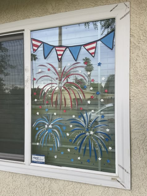 Painted Store Windows Christmas, Coffee Window Art, April Window Art, Fourth Of July Window Art, 4th Of July Window Art, Spring Window Art Ideas, Window Painting Summer, Patriotic Window Painting, Memorial Day Window Painting