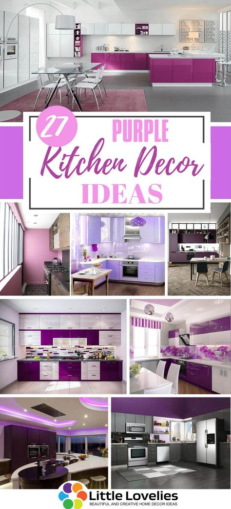 Kitchen With Purple Accents, Pink And Purple Kitchen, Purple Kitchen Decor Ideas, Lavender Kitchen Walls, Lavender Kitchen Ideas, Purple Cabinets Kitchen, Lavender Kitchen Cabinets, Lavendar Kitchen, Purple And Green Kitchen