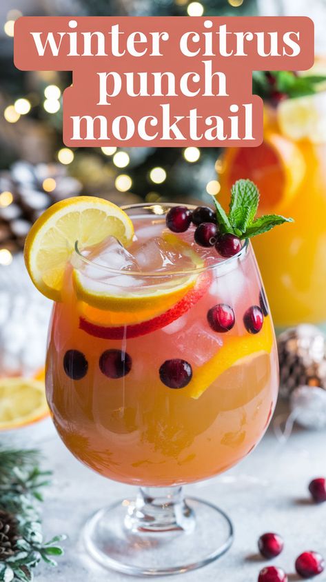 "Discover the perfect Winter Citrus Punch Mocktail recipe for your holiday gatherings! This refreshing non-alcoholic drink combines vibrant citrus flavors, making it an ideal festive beverage idea. Perfect for winter parties, this holiday punch recipe is a delightful way to enjoy citrus fruit recipes without alcohol. Elevate your celebrations with these delicious winter party drinks that everyone will love!" Winter Party Drinks, Festive Mocktail, Punch Mocktail, Winter Mocktails, Christmas Drinks Nonalcoholic, Holiday Mocktail, Holiday Punch Recipe, Citrus Punch, Citrus Drinks