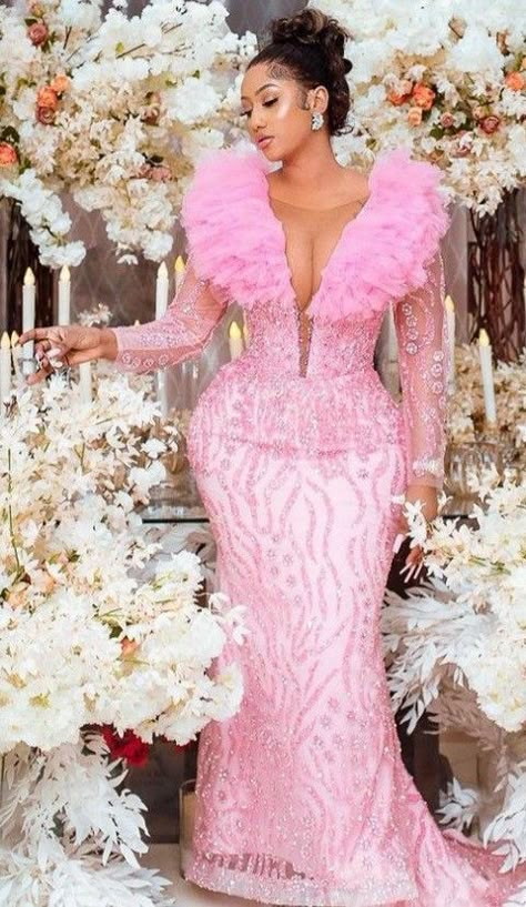 Owambe Lace Styles, Lace Styles For Ladies, African Evening Dresses, Lace Styles For Wedding, Dresses Long Sleeves, Nigerian Lace Styles Dress, Nigerian Lace Styles, African Wedding Attire, African Lace Styles