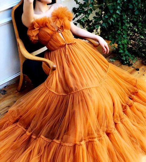 Gown Aesthetic, Orange Gown, Teuta Matoshi, Orange Dresses, Fairy Dresses, Orange Outfit, Dresses Aesthetic, Handsome Guys, Jaune Orange