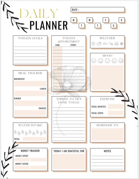 Printable Botanical Daily Panner| Self-Care T Daily Planner Design Ideas, Planer Organisation, Daily Planner Book, Free Planner Pages, Cute Daily Planner, Daily Habit Tracker, Planner Habit Tracker, Daily Planner Digital, Organization Planner