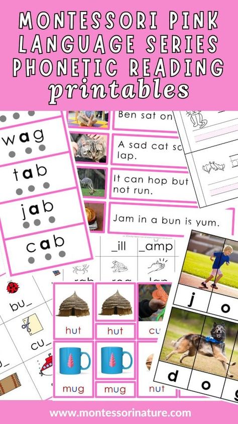 Learning to Read with Phonetic Reading Montessori Pink Language Series - Montessori Nature Printables Montessori Printables Free, Nature Printables, Teaching Child To Read, Reading Printables, Montessori Printables, Learning Phonics, Decoding Words, Learning To Read, Montessori Classroom