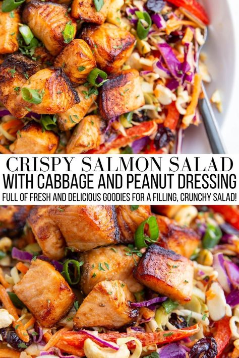 Asian Salmon Salad, Salmon Healthy Dinner, Salad With Cabbage, Salad Station, Dinner Salmon, Crispy Salmon, Sea Food Salad Recipes, Salmon Salad Recipes, Salad Recipes Healthy Easy