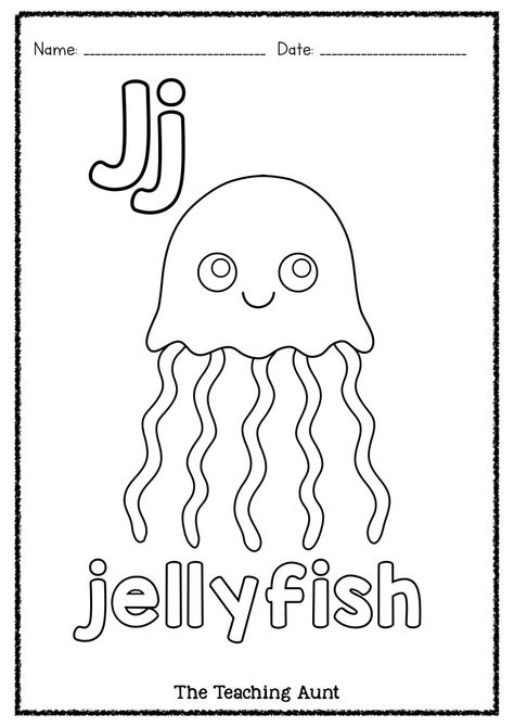 J is for Jellyfish Art and Craft - The Teaching Aunt J Is For Jellyfish, Jellyfish Coloring, Letter J Activities, Letter J Crafts, Alphabet Wall Cards, Alphabet Crafts Preschool, Fish Coloring, J Craft, The Letter J