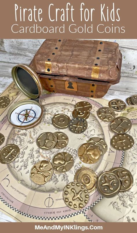 Pirate Spyglass Diy, Diy Pirate Coins, Pirate Party Diy, Diy Pirate Treasure, Treasure Box Diy, Pirate Gold Coins, Fun Party Crafts, Pirate Craft, Pirate Compass