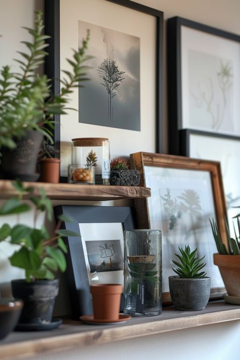 24 Ledge Ideas for Living Room Photo Ledge Decor Ideas, Floating Shelves And Picture Wall, Picture Shelves Wall Photo Ledge, Picture Ledge Wall Ideas, Plant Shelf Ideas Living Room, Gallery Wall Ideas With Shelves, Decorating A Ledge, Nature Collection Display, Wall Ledge Decor