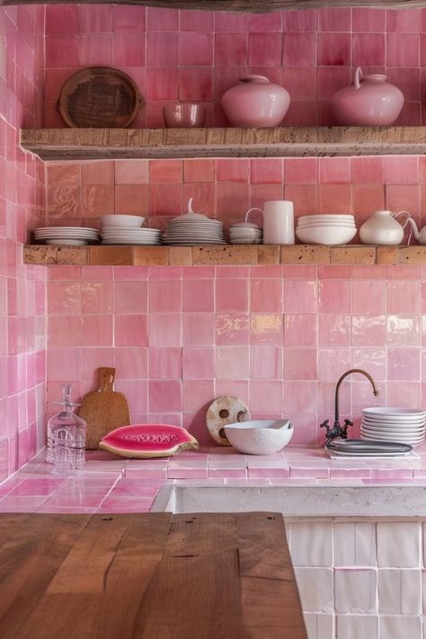 Pink Kitchenaid Mixer, Pink Utensils, Pink Kitchen Designs, Pink Kitchen Ideas, Pink Refrigerator, Feng Shui Kitchen, Capri Blue Candle, Pink Kitchens, Pink Painted Walls