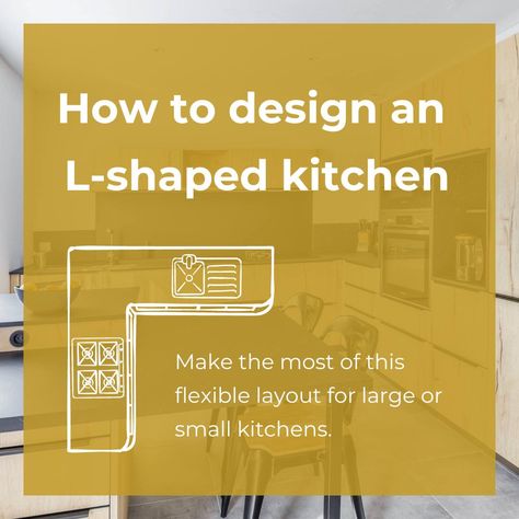 The L-shaped kitchen is such a versatile layout and something that I personally have used in many kitchen designs. Whether your room is large or small, an L-shaped kitchen can fit perfectly in almost any home and works particularly well for open plan spaces. An L-shaped kitchen is a very space efficient design, providing you with plenty of storage and worktop space, as well as room for all your appliances. It also pairs perfectly with an island or peninsula, if you need some extra seating o... L Shaped Kitchen Upper Cabinets, Minimalist L Shaped Kitchen, Small L Kitchen Design, Kitchen Layout Ideas L Shaped, L Shape Kitchen With Island, Small L Shaped Kitchen Layout, L Kitchen Layout, L Shaped Kitchen Island, L Shaped Kitchen With Island Layout