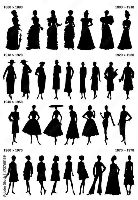 1940s Silhouette, Historical Fashion Illustration, Belle Epoque Fashion, Fashion Croquis, Fashion Timeline, Silhouette Drawing, History Project, Fashion Silhouette, Halloween Silhouettes