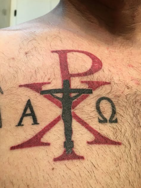 Chi Rho Chi Rho Tattoo, Vintage Compass Tattoo, Cupid Tattoo, Biblical Tattoos, Outer Forearm Tattoo, Heaven Tattoos, Christ Tattoo, Chi Rho, Religious Tattoo