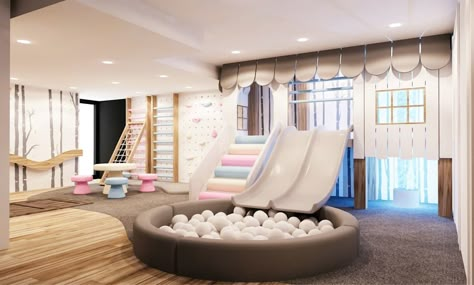 Playhouse with double slide, ball pool and climbing gym: modern Nursery/kid’s room by Tigerplay at Home Gender Neutral Playroom, Neutral Playroom, Indoor Playroom, Ball Pits, Cool Kids Rooms, Girls Playroom, Ball Pool, Childrens Playroom, Climbing Gym