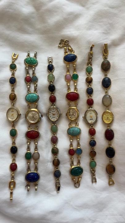 Vintage Collection Gold Bracelets With Charms, Collectible Vintage Gold Jewelry And Watches, Luxury Vintage Collectible Watch Accessories, Gem Watch, Vintage Gold Glass Bracelets, Streetwear Jewelry, Dope Jewelry Accessories, Jeweled Shoes, Jewelry Fashion Trends