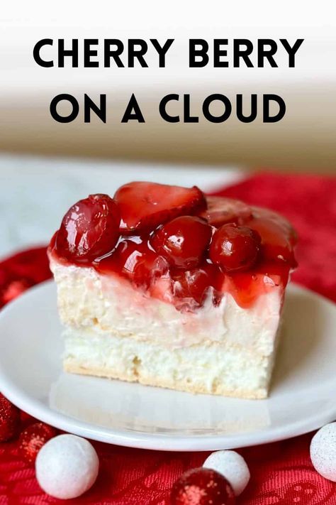 A light meringue topped with a creamy filling and bright berries, Cherry Berry on a Cloud is a perfect make-ahead dessert any time of year! Fluffy Meringue, Snow Recipe, Family Breakfast Recipes, Canning Cherry Pie Filling, Canned Cherries, Cherry Desserts, Make Ahead Desserts, Decadent Chocolate Cake, Summer Dessert Recipes