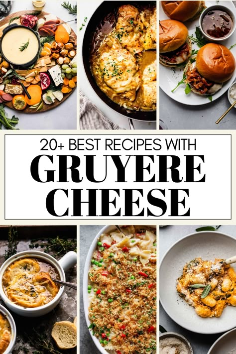 Explore the rich and nutty flavors of Gruyère cheese in these 20+ recipes! Originating from Switzerland, Gruyère is known for its creamy texture and complex taste that evolves from sweet and nutty to earthy and slightly sharp as it ages. It's perfect for melting and is delicious in a variety of dishes from simple Gruyère biscuits to French onion grilled cheese. Swiss And Gruyere Recipes, Gruyere Cheese Sauce, Recipes With Gruyere, Recipes Using Gruyere Cheese, Gruyere Recipes Appetizers, Recipes With Gruyere Cheese, Gruyere Recipes, Gruyere Cheese Recipes, Cheesy Vegetables