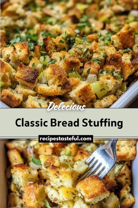 This Classic Bread Stuffing is a savory and buttery side dish featuring a perfect balance of crispy edges and a soft, flavorful interior. It's an essential accompaniment for Thanksgiving or any festive meal. Classic Bread Stuffing Recipe, Classic Stuffing Recipe, Dressing Recipes Thanksgiving, Traditional Thanksgiving Recipes, Bread Stuffing, Stuffing Recipes For Thanksgiving, Easy Thanksgiving Recipes, Turkey Recipes Thanksgiving, Thanksgiving Appetizers