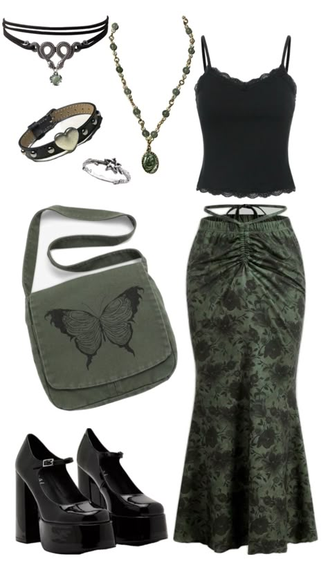 Green Whimsigoth Outfit Witchcore Aesthetic Outfits, Green Grunge Outfit, Green Whimsigoth, Witchy Aesthetic Outfit, Witchcore Fashion, Goth Outfits Aesthetic, Green Goth, Earthy Outfits, Goth Outfits