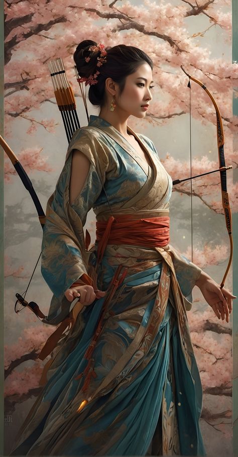 Samurai Female, Female Archer, Woman Archer, Japanese Myth, Japanese Art Samurai, Chinese Picture, Divine Proportion, Ninja Girl, Samurai Artwork