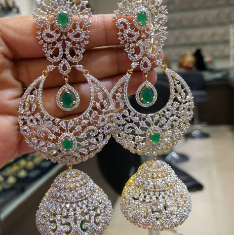 Nov 21, 2018 - Pretty Long Chandbali Jhumkas (4-5 inches long in Screw Style) with American Diamonds & Emerald Stones (1gm Gold) - Traditional and Fashion I Diamond Buttalu, Sims 4 Couple, Diamond Earrings Indian, Indian Diamond Jewellery, Veils Bridal, Indian Jewelry Earrings, Jewellery Diamond, Fashion Indian, Diamond Necklace Designs