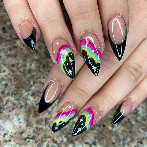 Punk Rock Nail Art, Goth Vacation Nails, Alt Spring Nails, Black Trippy Nails, Goth Almond Nails Designs, Neon Goth Nails, Girly Goth Nails, Goth Easter Nails, Rainbow And Black Nails