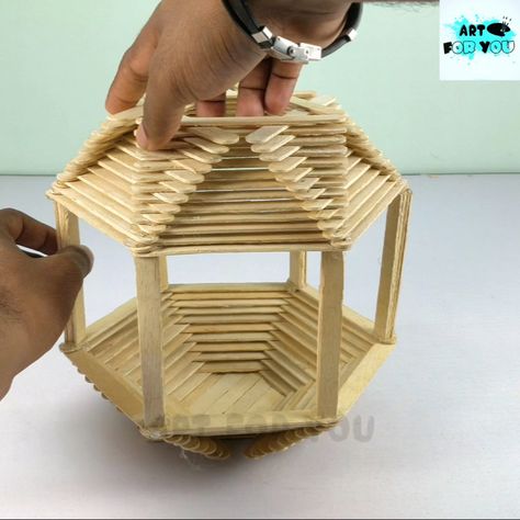 Popsicle Stick Tree House, Icecreme Stick Craft, Popsicle Bird House, House With Ice Cream Sticks, Popsicle Stick Art For Adults Diy Projects, Popsicle Stick Bird House, Popsicle Stick Crafts For Adults Diy, Ice Cream Stick House, Popsicle Stick Birdhouse