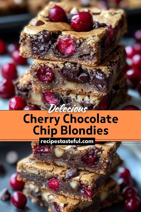 These Cherry Chocolate Chip Blondies are a decadent and fruity twist on classic blondies. With a gooey chocolate chip base, bursts of cherry filling, and more chocolate on top, these bars are the perfect combination of sweet, chewy, and rich flavors! Tollhouse Bars, Blondie Recipe Chocolate Chip, Chocolate Chip Maraschino Cherry Bars, Banana Chocolate Chip Blondies, Cherry Bakewell Blondies, Brown Butter Chocolate Chip Blondies, Cherry Brownies, Cherry Bars, Chocolate Chip Blondies