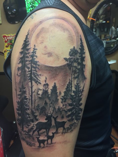 Woodland family tattoo for my wife and 2 daughters Family Of Deer Tattoo, Nature Family Tattoo Ideas, Deer Family Tattoo, Buck And Doe Tattoo, Woodland Tattoo, Baby Deer Tattoo, Forest Tattoo Sleeve, Family Sleeve Tattoo, Doe Tattoo