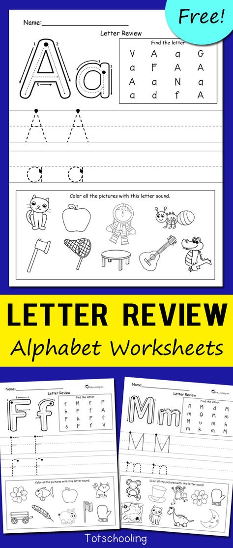 FREE alphabet worksheets for kindergarten kids to review letters and letter sounds, and practice proper letter formation. Letter Sound Worksheets Free, Letter Of The Day Kindergarten, Letters Practice Kindergarten, Free Letter Of The Week Printables, Letter S Practice Worksheet, Letter Sound Recognition Worksheets, Letter Review Kindergarten, Alphabet Practice Worksheets Free, Free Letter A Worksheets