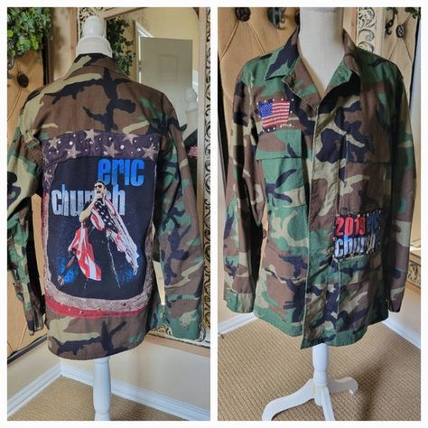 Upcycled Army Jacket, Eric Church Chief, T Shirt Upcycle, Military Style Camouflage Hooded Jacket For Outdoors, Military Camouflage Utility Jacket With Multiple Pockets, Military Camouflage Utility Jacket With Pockets, Diy Denim Jacket, Military Camouflage Outerwear With Pockets, Upcycle Clothes Diy