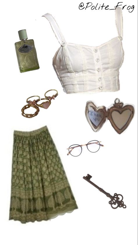 -white top
-green skirt
-round wire frame glasses
-perfume
-rings
-locket Cute Cottage Core Clothes, Green Cottage Core Outfit, Sage Green Coquette Outfit, Green Fairy Outfit Aesthetic, Light Cottage Core Outfits, Y2k Boho Fashion, Cottage Core Outfits For School, Cottage Summer Outfits, Y2k Cottagecore Outfits