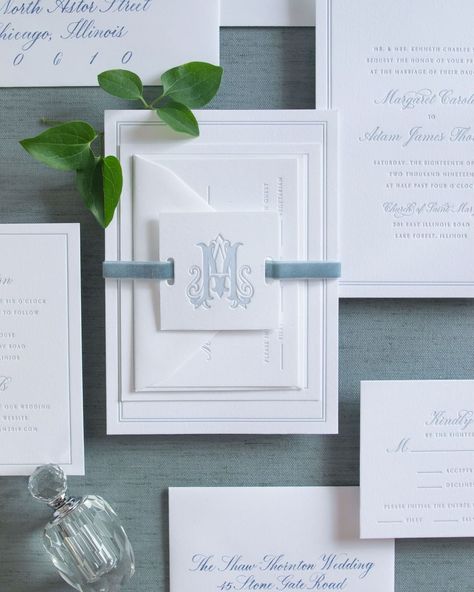 Light Blue Wedding Stationary, Wedding Invitation With Monogram, Blue And White Wedding Stationary, Wedding Invitation Packaging Ideas, Wedding Invitation Suite Assembly Ribbon, Blue White Wedding Invitation, Blue Letterpress Wedding Invitations, Wedding Invitations With Crest, Classic Wedding Invitation Suite