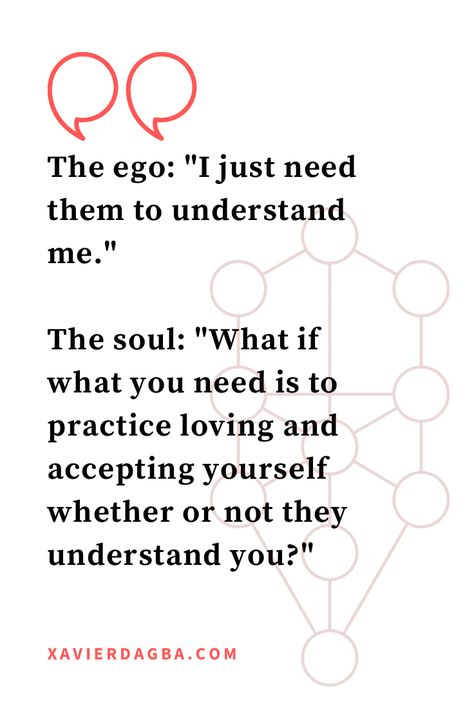 The ego: “I just need them to understand me.” The soul: “What is what you need is to practice loving and accepting yourself whether or not they understand you?” #childhoodtrauma #traumasurvivor #trauma #ptsd #generationalhealing #ancestralhealing #somatic #recovery #codependency #reparenting #alchemize How To Heal Your Ego, Reparenting Yourself, Alchemy Circle, Accepting Love, What Is Ego, Inner Alchemy, Accepting Yourself, Counselling Tools, Spiritual Growth Quotes