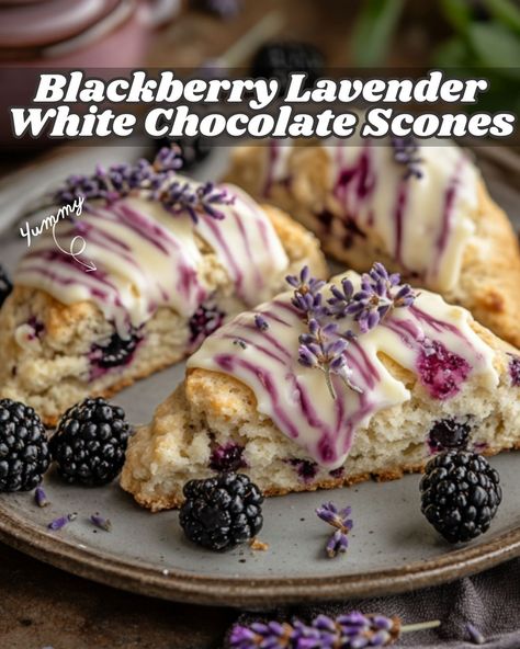 Blackberry Lavender White Chocolate Scones White Chocolate Scones Recipe, Chocolate Scones Recipe, White Chocolate Scones, Blackberry Lavender, Blackberry Dessert, Berry Scones, Pumpkin Pie Cake, Lavender Cookies, Chocolate Scones