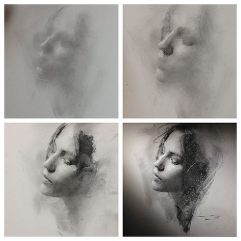 4 stages of charcoal portrait drawing - general to specific approach by Casey Baugh Casey Baugh, Illustration Kunst, Charcoal Portraits, Charcoal Sketch, Charcoal Art, Desenho Tattoo, Portrait Sketches, Charcoal Drawing, Anatomy Art